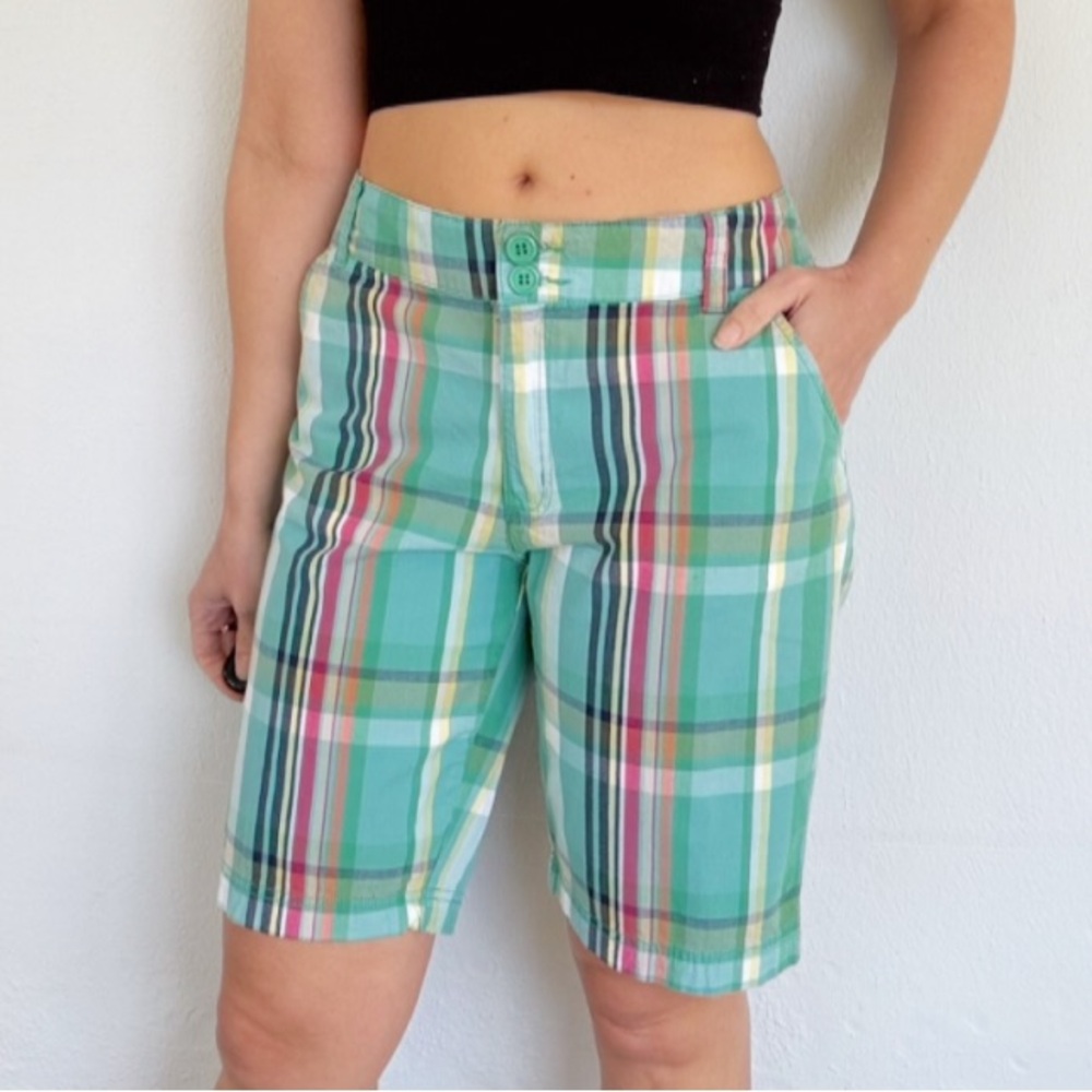 Bamboo Traders teal blue pink plaid cotton stretch Bermuda shorts size 8